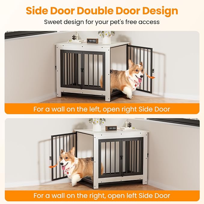 Dog Crate Furniture, Dog Crate End Table for Small and Medium Dogs,Wooden Cage Kennel Furniture Indoor, Modern Dog Crate with Multi-Purpose Removable Tray, Double-Doors Dog Furniture, White