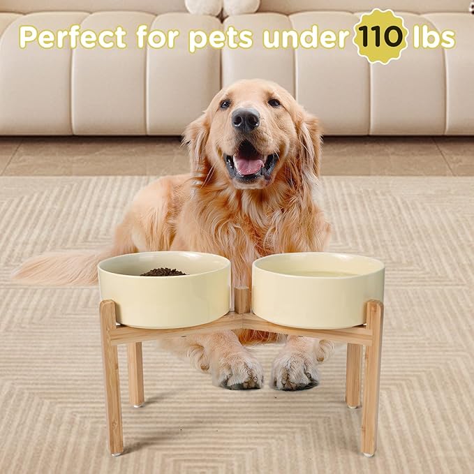 SPUNKYJUNKY Elevated Dog Bowls Ceramic, 8.3'' Dogs Food Water Bowls Raised with Non-Slip Bamboo Stand for Large Sized Breed Microwave Dishwasher Safe - 60 OZ,Beige