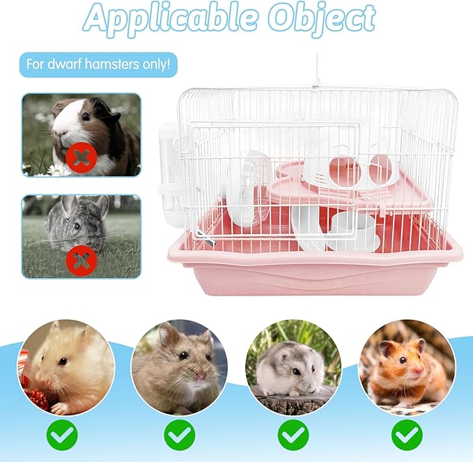 PINVNBY Dwarf Hamster Cage, Small Animal Cages, 2-Tier Travel Portable Mouse Cage Hamster Carrier with Castle House Running Exercise Wheels, Water Bottle and Food Dis（Pink）