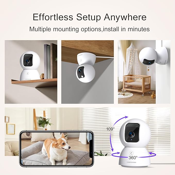 3K Pet/Dog/Cat Camera with Phone App, No-Subscription Local Person/Pet/Face Detection, 5G Security Camera Indoor, PTZ WiFi Cameras for Home Security, 0-Glow Night Vision, Full Duplex Audio