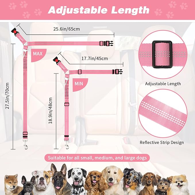 BWOGUE 2 Piece Dog Seat Belt for Car with Elastic Bungee Buffer Safety Seatbelt Car Headrest Restraint Wear Adjustable Metal Buckle Harness in Vehicle Travel for Pet