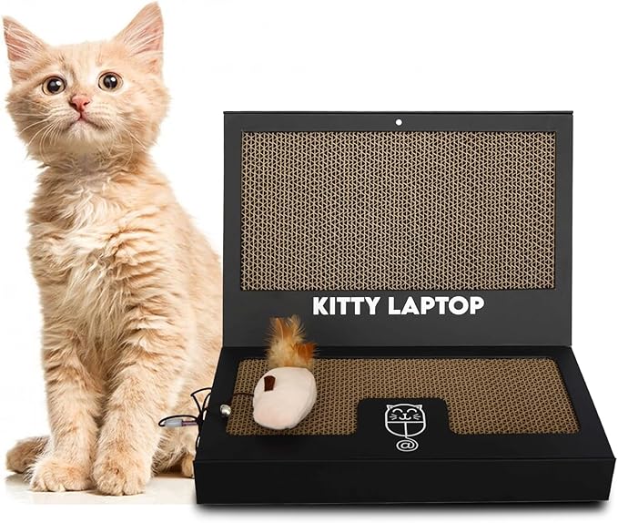 Toy Cat Laptop with 2 Scratchboards + Catnip Mouse Toy for Cats + 50pack Cat Sticker - Interactive Eco-Friendly Cat Computer with Scratch Pad Laptop for Cats - Mini Cat Laptop