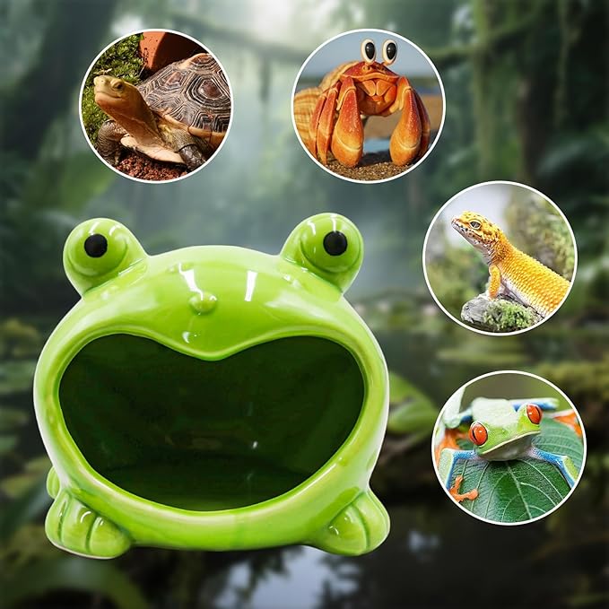 Reptile Tank Accessories – Ceramic Cartoon Frog Hideout with Open-Mouth Entrance, Cute Habitat Shelter for Hermit Crabs, Tortoises, Geckos, Tarantulas & Small Reptiles