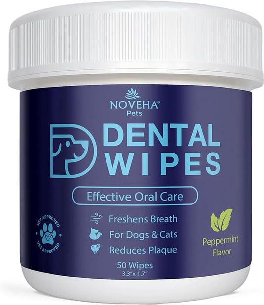 NOVEHA Pets Dental Finger Wipes for Dogs & Cats | Freshens Breath, Reduces Plaque | Healthier Gums | Clean Teeth No Toothbrush | Vet Recommended Effective Natural Oral Care (50 pcs, Mint)