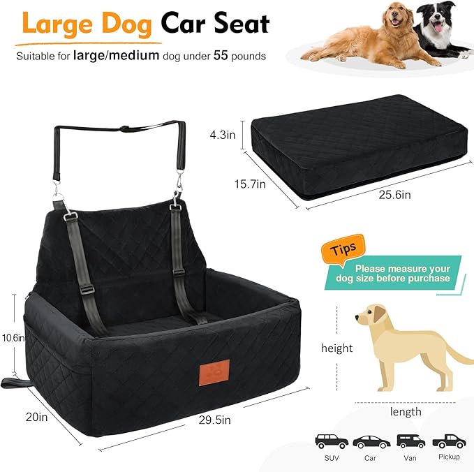 Dog Car Seat for Large Medium Dogs,Portable Washable Pet Car Seat Under 55 lbs,Dog Booster Seat with Thick Cushion,2 Safety Leashes Travel Car Dog Bed