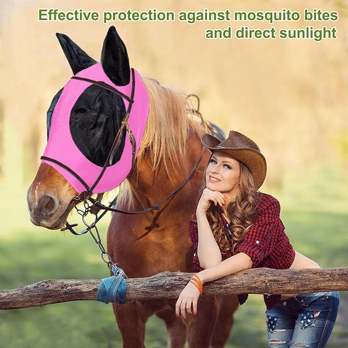 Horse Fly Mask with Ears, Comfortable Fit Stretch Fabric with UV Protection Soft on Skin Breathability for Small/Medium Size Horses (Pink)
