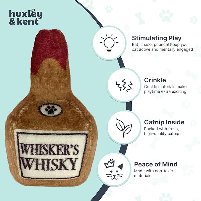 Huxley & Kent Plush Cat Toy - Interactive Catnip Toy for Cats & Kittens - Soft Kitty Toy with Crinkle & Catnip - Fun Indoor Play Toy - Whisker's Whiskey