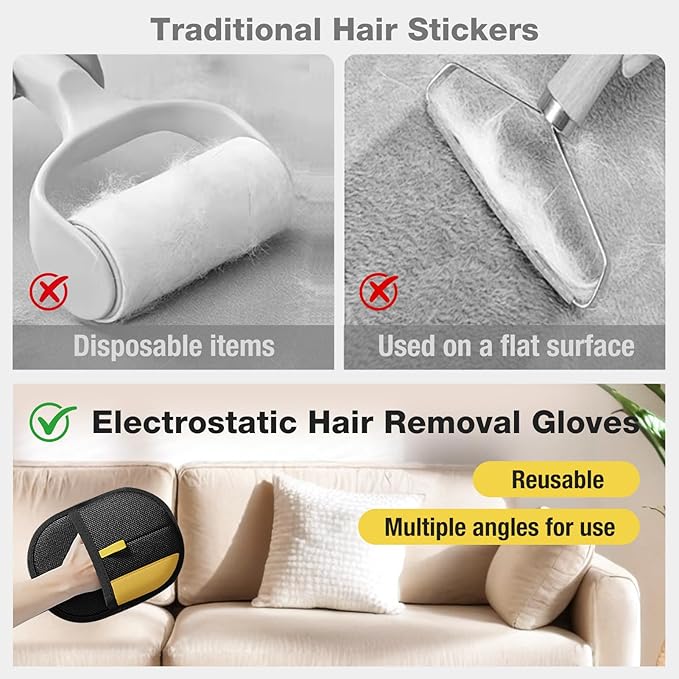 Pet Hair Removal Glove - 2025 Upgraded Electrostatic Pet Hair Remover, Cat & Dog Hair Remover Tool for Couch, Furniture, Carpet, Car Seat, Clothing, Reusable Double Sided Cat Grooming Gloves (2PCS)