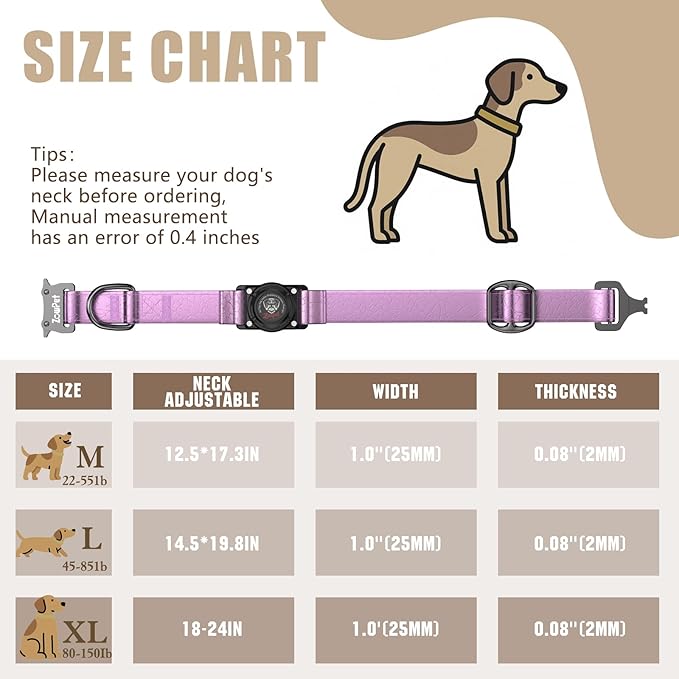 AirTag Dog Collar - Leather Dog Collar with Airtag Holder | IP68 Waterproof AirTag Holder with Metal Buckle, Comfortable GPS Dog Collars Tracker for Medium Large Dogs (Rose Gold, XL)