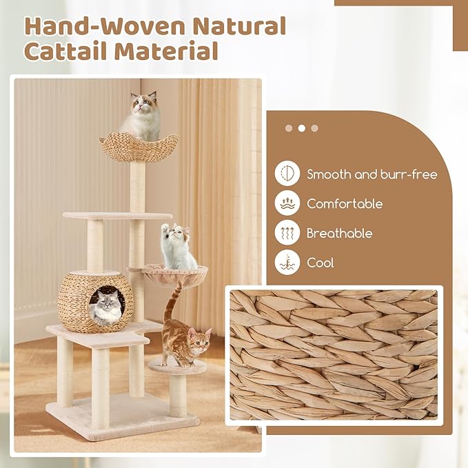 PETSITE 59 inch Cattail Cat Tree Tower, Multi-Level Cat Tower with Natural Sisal Scratching Posts, Condo, Basket, Top Perch and Jumping Platforms, Modern Tall Cat Tree for Indoor Cats
