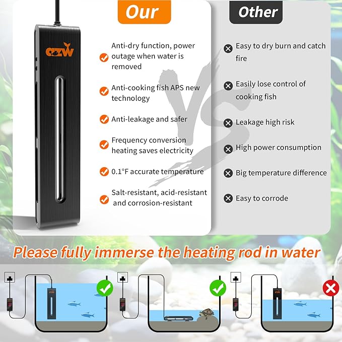 azw Aquarium Heater 300W/500W/800W, Fish Tank Heater with Digital LED Controller, Frequency Conversion Energy Saving, IPS Anti-Boiling Fish, Multiple Intelligent Protection for Freshwater/Saltwater