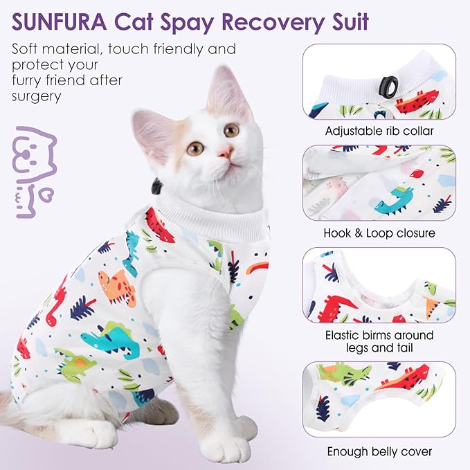 SUNFURA Cat Recovery Suit, Kitten Surgical Full Bodysuit for Abdominal Wound Protector Anti Licking After Surgery, Professional Bandages Cone E-Collar Alternative for Small Male & Female Pets