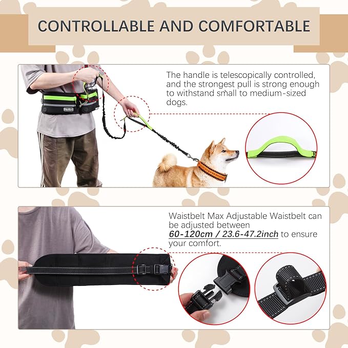 Hands-Free Waist Leash with Pouch for Two Dogs: Reflective Stitching, Dual Handle & Bungee Retractable Design – Ideal for Medium to Large Dogs (Green) – Dog Walking Accessories