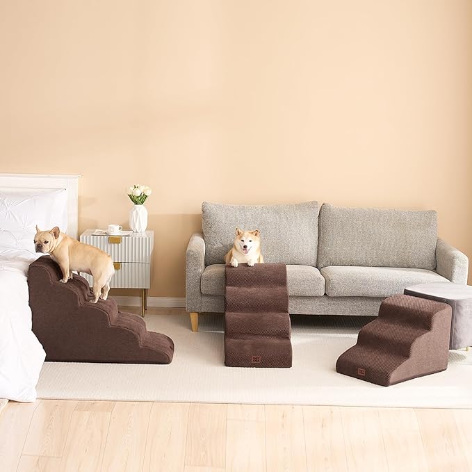 EHEYCIGA Curved Dog Stairs Ramp for High Beds 22.6" H, 5-Step Dog Steps for Small Dogs and Cats, Pet Stairs for High Bed Climbing, Non-Slip Balanced Pet Step Indoor, Brown