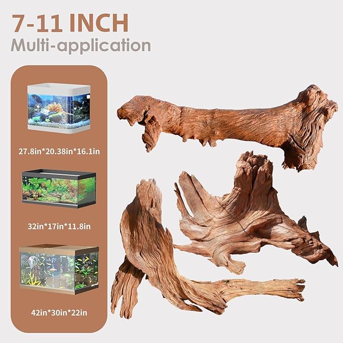 Natural Aquarium Driftwood for Fish Tanks & Reptile Terrariums – Safe Fish Tank Decorations, Unique Twisted Branches 3-Piece 7-11 Inch Low Tannin, Easy to Sink