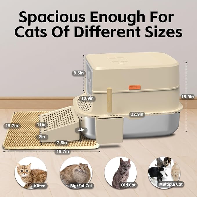 Stainless Steel Cat Litter Box with Lid, 3 in 1 Removable Litter Box for Big/Multiple Cats, High Sides Kitty Litter Pan, Leak-Proof XL Extra Large Enclosed Metal Litter Pan Easy Clean with Scoop & Mat