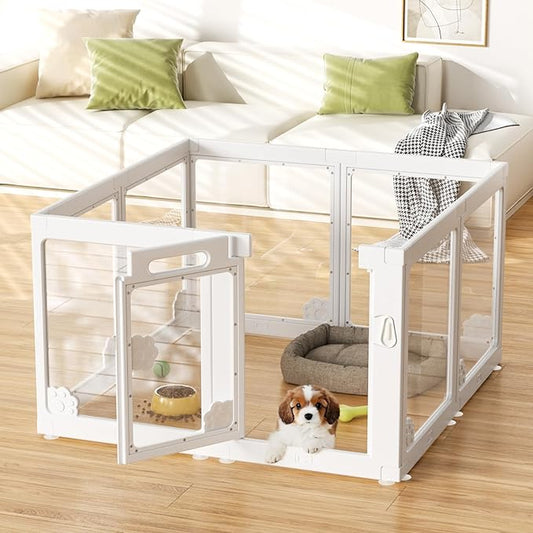 Acrylic Clear Dog Play Pen Indoors, Puppy Playpen with Door for Small Dogs Puppies, Transparent Plastic Pet Playpen Cage Fence Crate Kennel for Cat Kitten Rabbit Bunny Ferret etc (White-8 Panels)