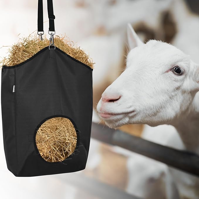 3 Packs Goat Hay Feeder,Hay Bags for Goats,Horses,Sheep,Premium 600D Oxford Cloth,with Metal Fastener and Adjustable Open Feed Hole for Slow Feeding. (1 Black+2Grey)