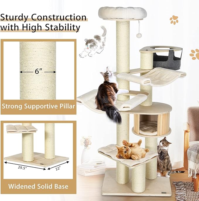 Tangkula Large Cat Tree, Multi-Level Tall Cat Tower with Sisal Scratching Posts, Hammocks, Hanging Basket, Cat Condo and Removable Washable Cushions, Modern Wood Cat Tree for Indoor Cats Large Adult