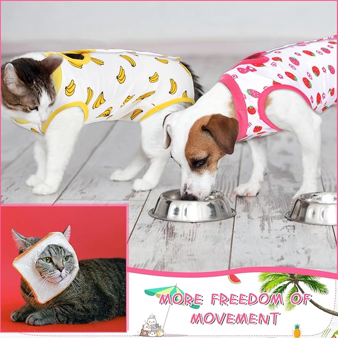Nuanchu 3 Pieces Cat Recovery Suit Kitten Recovery Suit E-Collar Alternative for Cats and Dogs Abdominal Skin Anti Licking Pajama Clothes Sets(Strawberry Pattern,Medium)