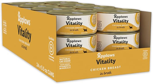 Applaws Vitality Wet Cat Food in Broth, Natural Canned Cat Food, Wet Food for Cats with Added Vitamins and Minerals, Grain Free, Carrageenan Free, Chicken Breast in Broth (24 Count, 5.5oz Cans)