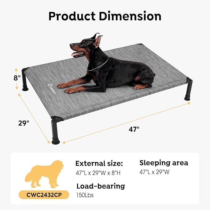 Veehoo Heavy Duty Elevated Dog Bed - Raised Dog Cot with Washable & Breathable Teslin Mesh, Non-Slip Silicon Feet, Cooling, Indoor/Outdoor, 47" x 29", Black Silver