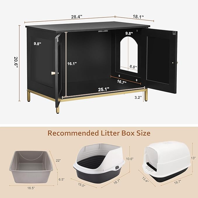 Homhedy Cat Litter Box Enclosure, Cat Washroom Furniture with Metal Frame, Pet House, Fit Most of Litter Box, Modern Style, Black and Gold