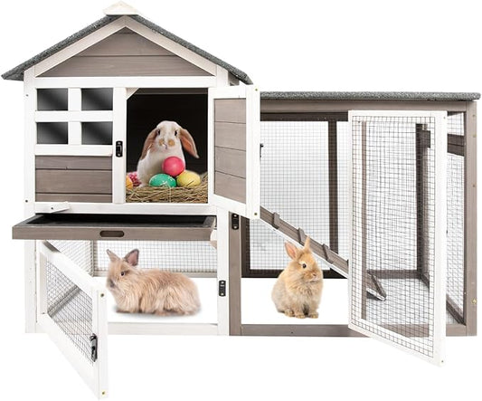 Rabbit Hutch-Indoor Outdoor Rabbit Hutch with Pull Out Tray Large Rabbit Hutch FirWood Bunny Hutch Indoor Guinea Pig Cages Waterproof Asphalt Roof, GREYWHITE, RAB HUTCH#17 (RAB17)