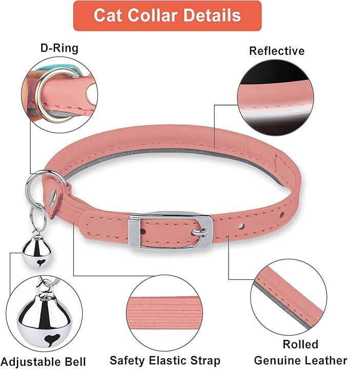 OOPSDOGGY Rolled Leather Cat Collar with Bell, Reflective Kitten Collars with Buckle Include Safety Elastic Strap - Adjustable Small Pet Collars for Boy Girl Cats (Peach)