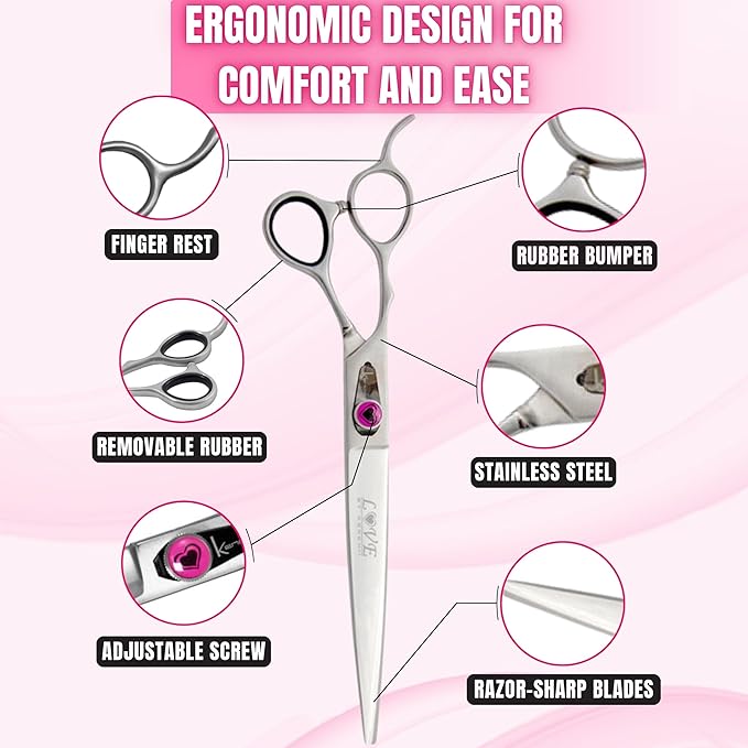 Kenchii Love Left Handed Dog Grooming Scissors, 8 Inch Straight Shears, Dog Scissors for Grooming, Professional Pet Grooming Scissors, Ergonomic & Comfortable