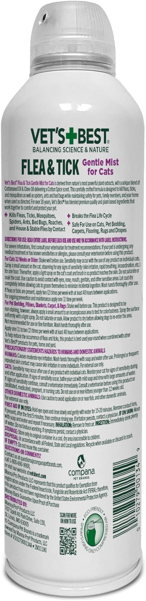 Vet's Best Natural Flea & Tick Mist for Cats – Plant-Powered Spray with Cotton Spice Scent – Natural Flea Prevention and Pest Control – Gentle Formula for Indoor Use – Safe for Pets – 6.3 oz