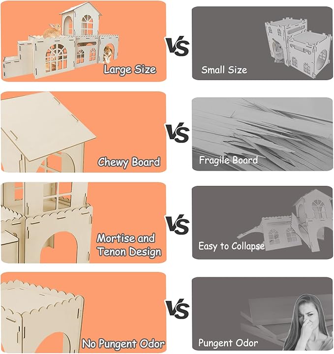 YUEPET Extra Large Wooden Rabbit Hideout Castle Detachable Bunny Tunnel Hut with Ramp Small Animal Houses & Habitats for Outdoor Indoor Rabbit Guinea Pig Chinchilla Ferret Hamster to Rest Hideawy Play