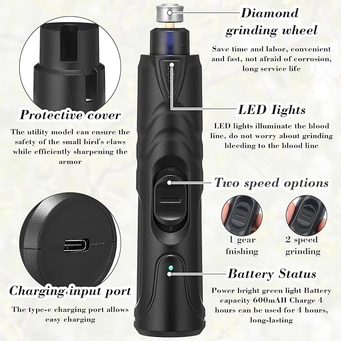 Lasnten 2 Pcs Bird Nail Grinder with Bird Nail Clipper Bird Nail Trimmer Bird Nail File with LED Lamp Grooming Tool for Bird Parrot Budgerigars Parakeets Myna Conure Finches Lovebirds (Black)