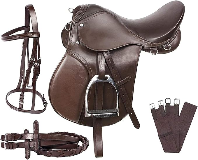 Leather English Riding Horse Saddle Starter Kit Brown Saddle Combo Pack Set of 7 pcs