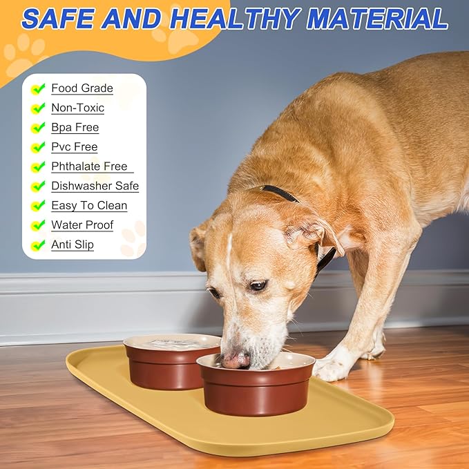 Silicone Pet Feeding Mat with Raised Edge for Food and Water, Dog Bowl Mats, Cat Bowls Placemat with High Lip for Floor Waterproof, Rubber Tray for Cats and Dogs 22 x 14 x0.8 Beige