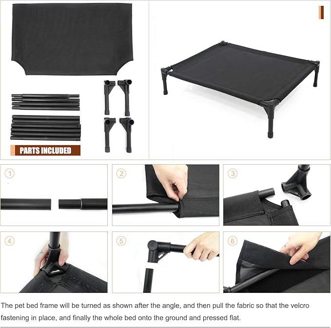 Elevated Dog Bed for Large Dogs, Raised Dog Cot Fits Up to 120 LBs, Heavy Duty Pet Cots with Durable Supportive Teslin Recyclable Washable Mesh, Indoor & Outdoor Pet Bed, Black