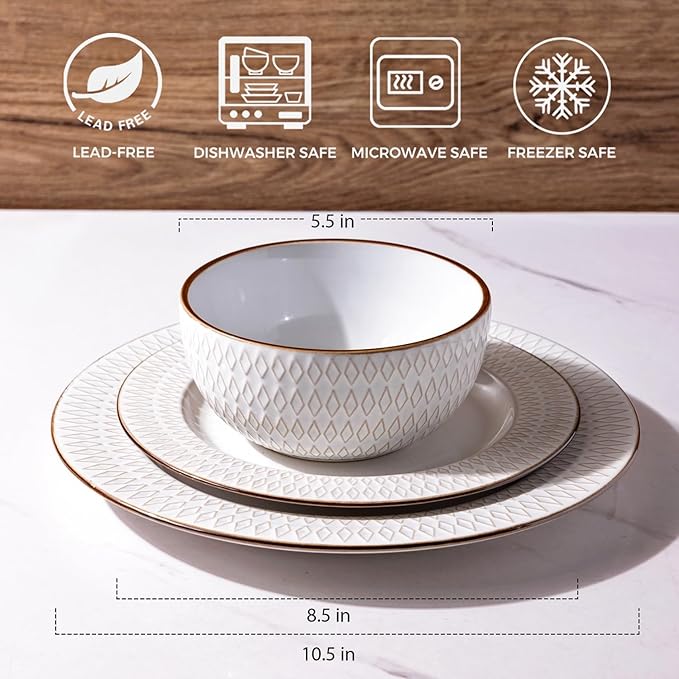 GBHOME Ceramic Dinnerware Sets,12 pcs Embossed Elegant Stoneware Plates and Bowls Sets, Housewarming Wedding Gift | Dishwasher & Microwave Safe | Dishes Set Service for 4