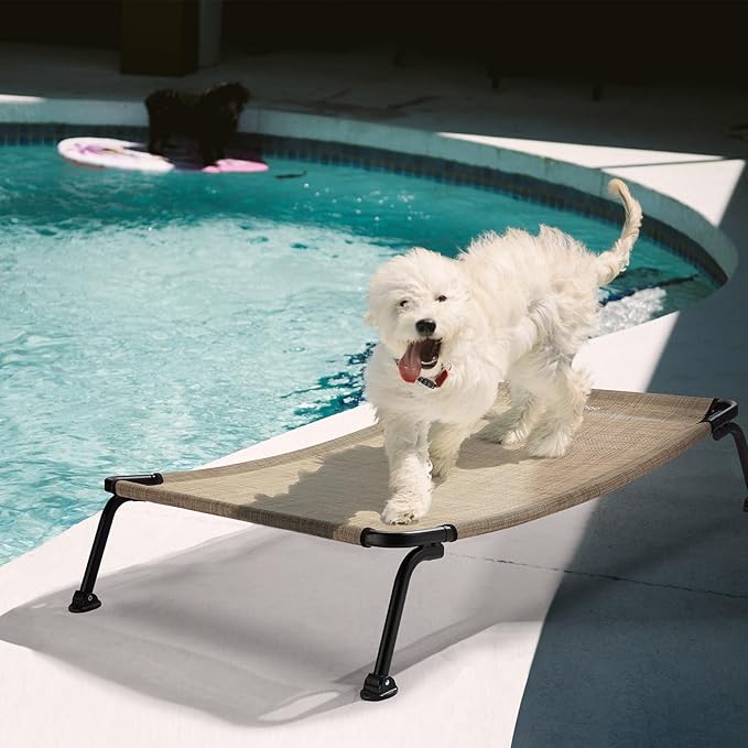 Veehoo Outdoor Elevated Dog Bed, Cooling Raised Dog Cots Beds for Medium Dogs, Portable Waterproof Curved Dogs Hammock Bed for Outside, up to 100lbs, Black Legs, Beige 32"