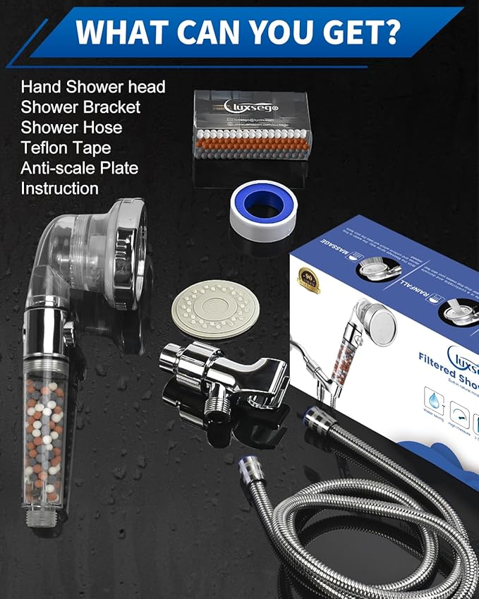 Luxsego Filtered Shower Head for Hard Water with Stop, High Pressure 4-Mode Shower Heads Built-in Power Spray to Clean Corner, Tub & Pets, Water Softener Handheld Shower to Remove Chlorine & Fluoride