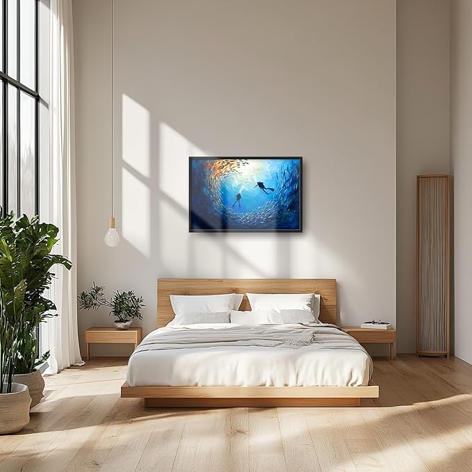 Large Ocean Diving Wall Art for Living Room, Framed Oversized Fish Wall Decor Underwater Marine Life Canvas Painting Modern Artwork for Living Room Bathroom Bedroom Office Dining Room 36"x24"