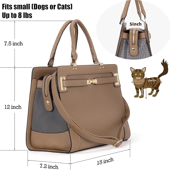 Fashion Pet Carrier Dog Cat Carrier Purse Soft-Sided Leather Handbag Pet Tote Bag for Small Dogs Puppy and Cats TSA Airline Approved (Khaki)