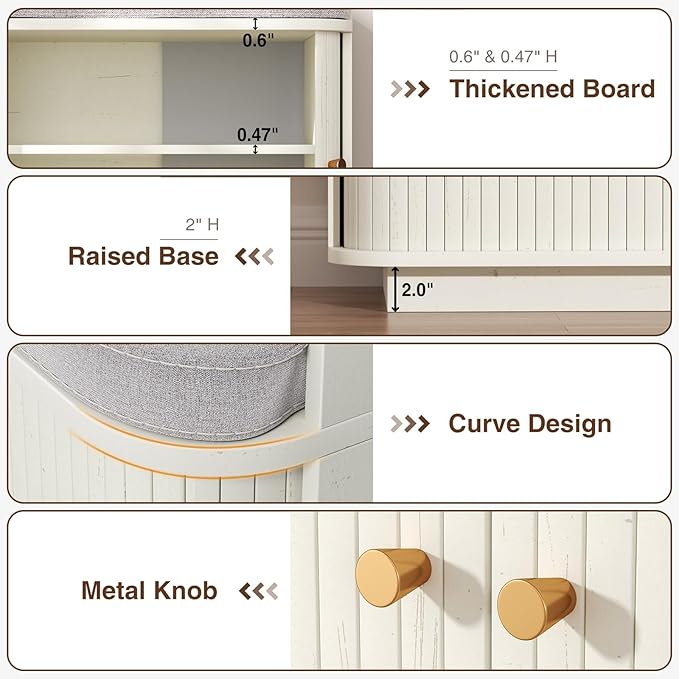 Cream White 39.4" W 2-Tier Shoe Bench with Storage | Entryway Bench with Padded Cushion, Sliding Doors & 5 Hooks
