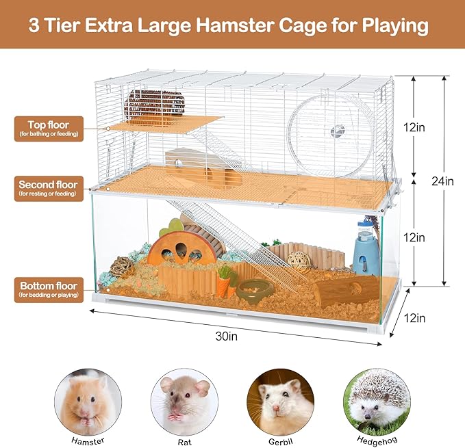 OIIBO 3 Tiers Large Hamster Cages, Glass Hamster Cage Habitat with Openable Wire Topper, Gerbil Cage with Two Ladders Ramps and Removeable Waterproof PVC Tray, Easy to Clean