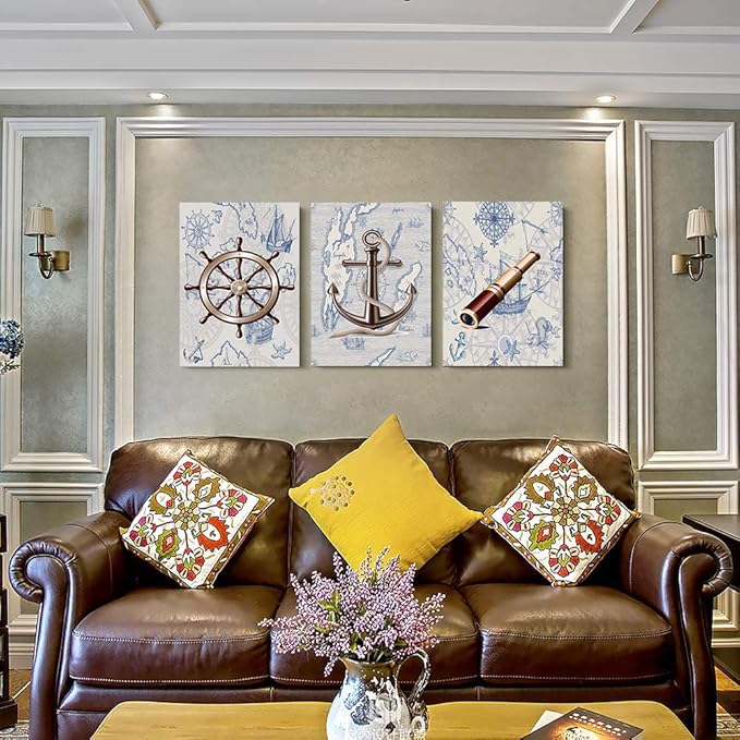 ocean theme steering wheel telescope ship pendant Canvas Prints bathroom Wall Art for Bedroom Wall decor Artworks Pictures wall decorations for living room,3 piece Home decor kitchen wall paintings