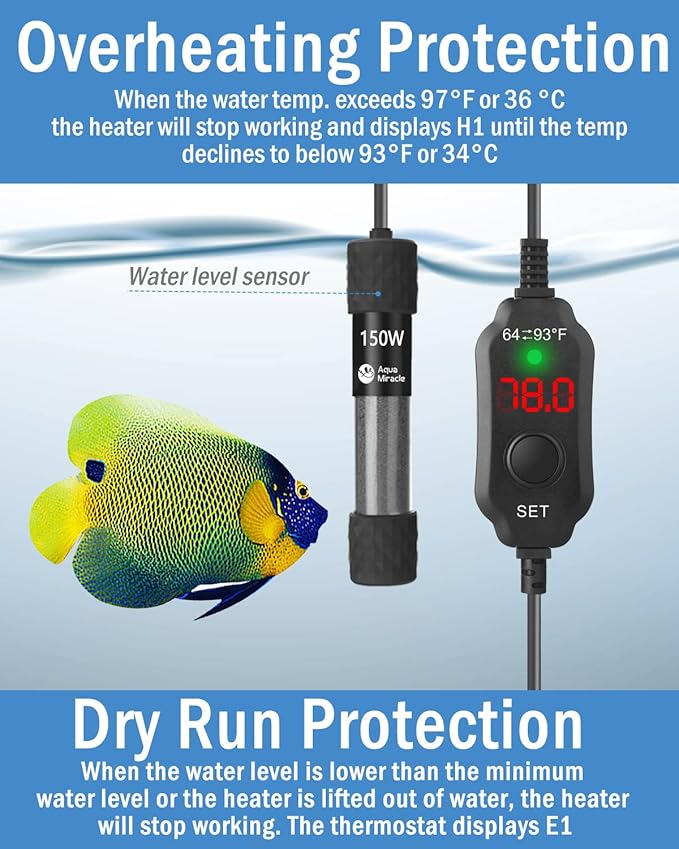 AquaMiracle Adjustable 150W Aquarium Heater Submersible Fish Tank Heater Super Short Aquarium Heater with LED Digital Display Thermostat, for Tanks 15-30 Gallons
