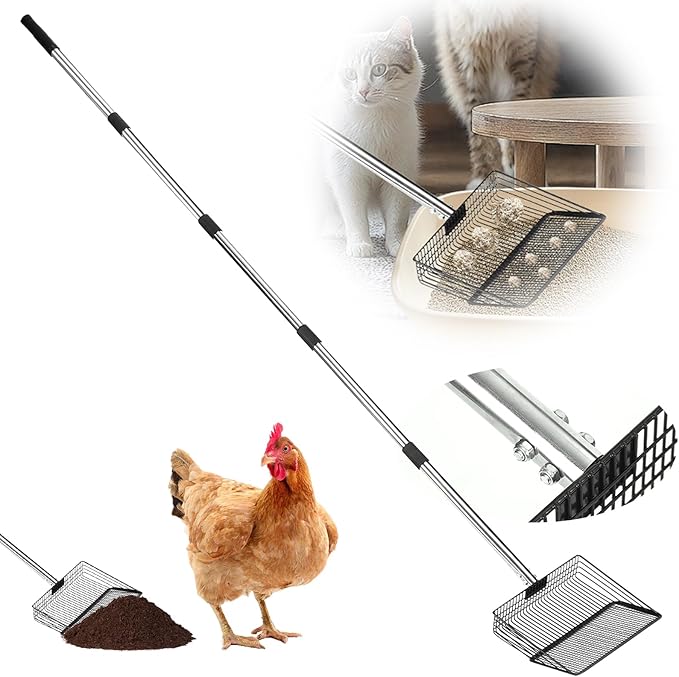 10 Inch Chicken Poop Scooper, Large Metal Chicken Coop Scoop, Chicken Litter Sifting Shovel, Chicken Coop Rake with Retractable Stainless Steel Handle, Chicken Coop Cleaning Tools Accessories