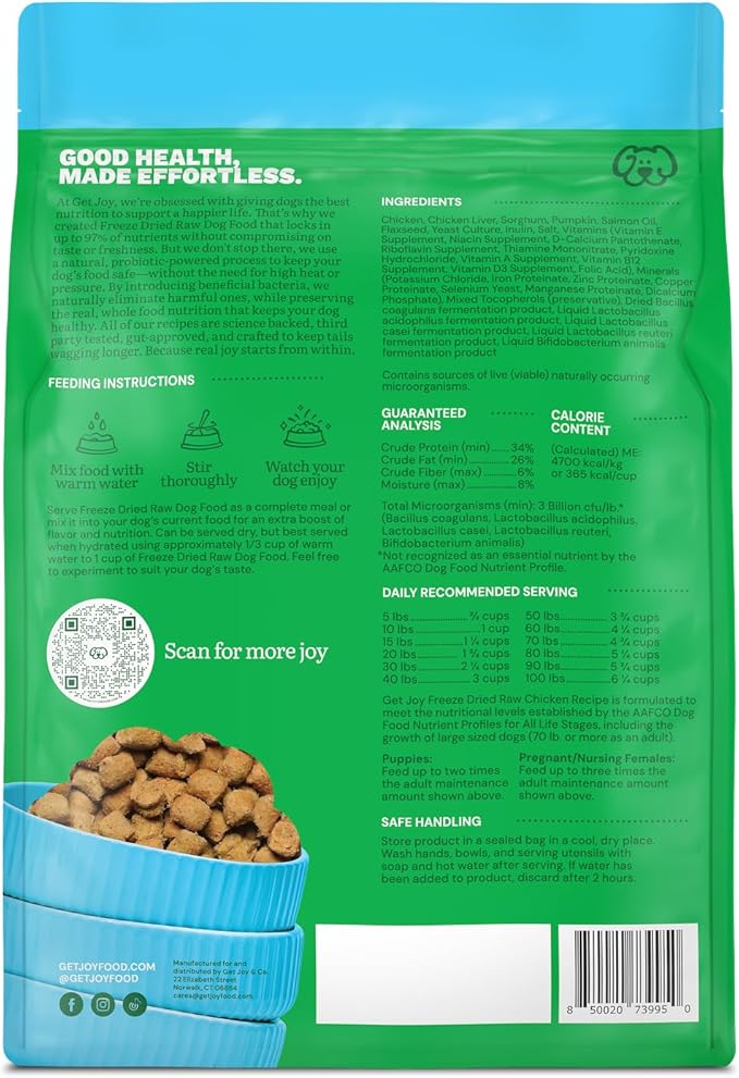 Get Joy Gut Health Fresh Freeze Dried Raw Meal, Chicken Recipe, 32 Ounce Bag, Dog Food for Dogs of All Breeds and Life Stages, PhD Animal Nutritionist Formulated, Made in USA