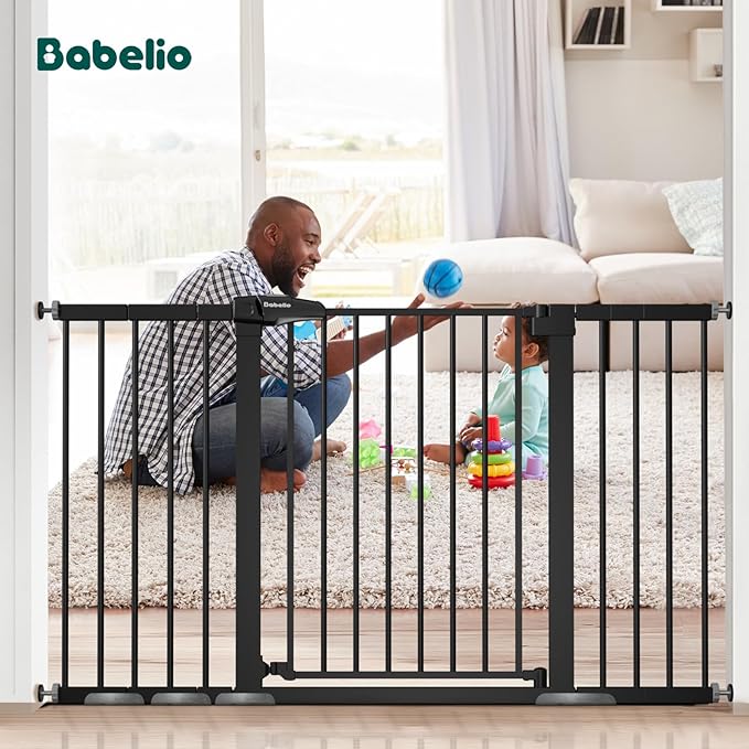 BABELIO 36" Tall Baby Gate, 29-55" Auto Close Pressure Mounted Dog Gate for Doorways & Hallway, Pressguard Basics Easy Walk Thru Pet Gate, Extra Wide Metal Child Gate, Black
