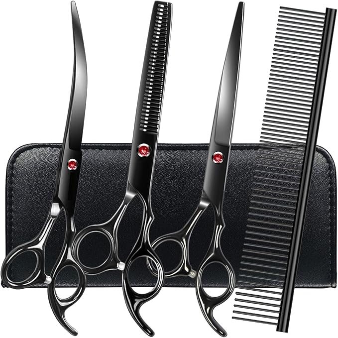 Professional Dog Grooming Scissors Set Stainless Steel Dog Grooming Kit - Thinning, Curved Scissors and Comb for Dog Cat Pet (Black 5 in1)