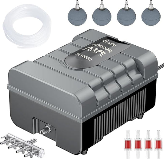 Pawfly Pond Air Pump Outdoor Oxygen Pump for Fish Koi Ponds 3000 to 10000 Gallons Adjustable Pond Garden Aerator Pump Kit with Airline Tubing Control Lever Valves Air Stones and Check Valves